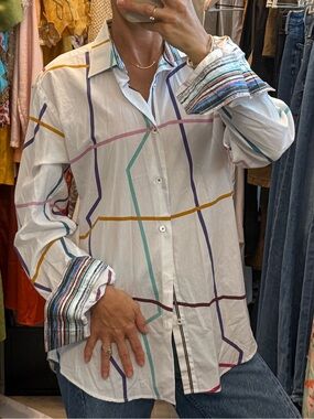 Bugatchi White Button-Down with Multicolor Geometric Stripes